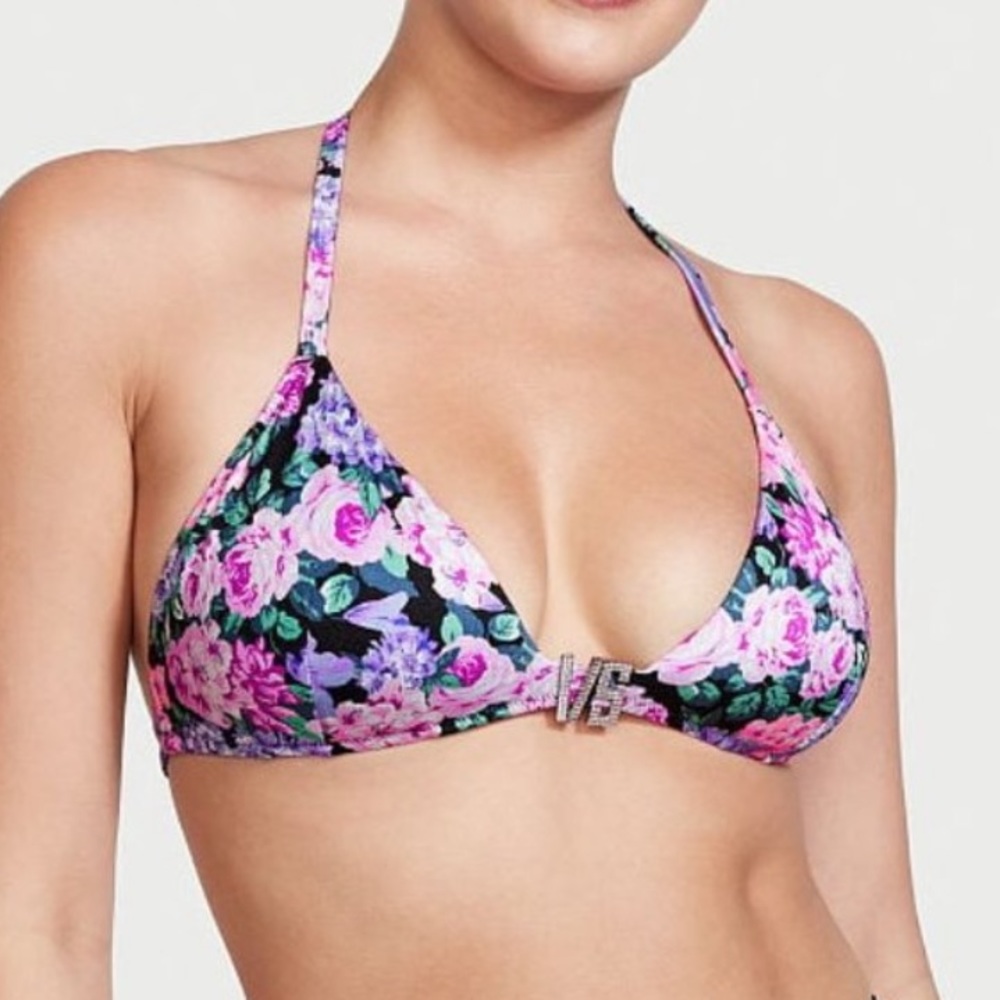 NWT VICTORIAS SECRET SWIM VS Shine Hardware Floral Print Halter Bikini Top XS